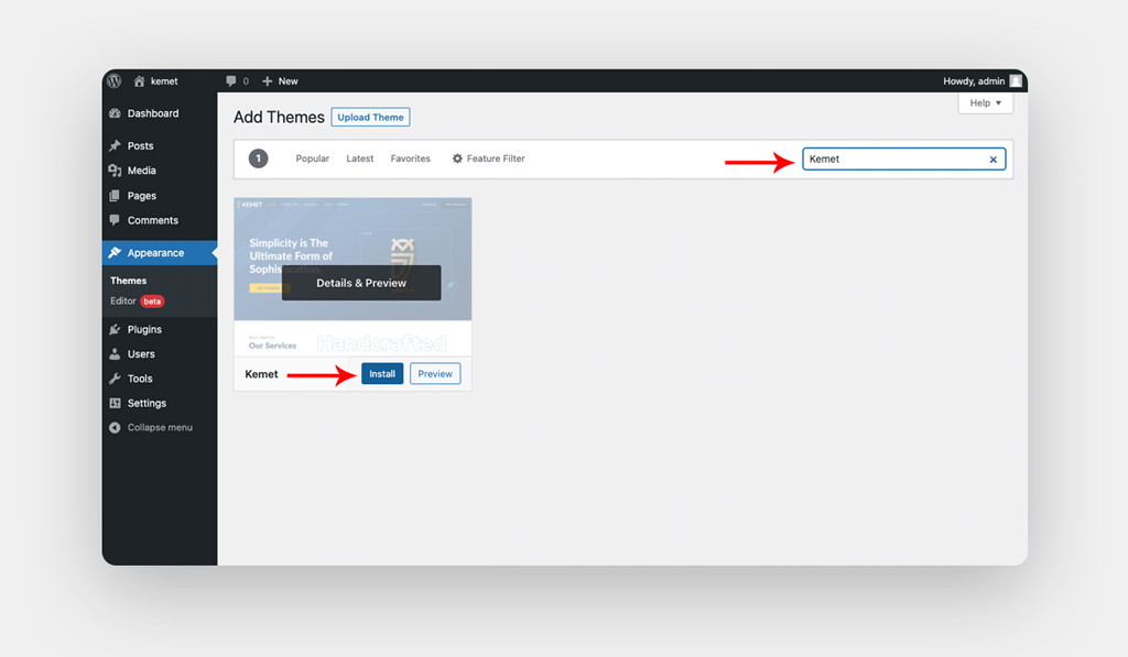 Installing Kemet WordPress Block Theme from WP Dashboard