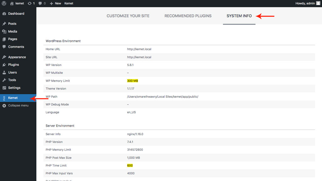 Arrows Pointing to Kemet and System Info in WordPress Dashboard