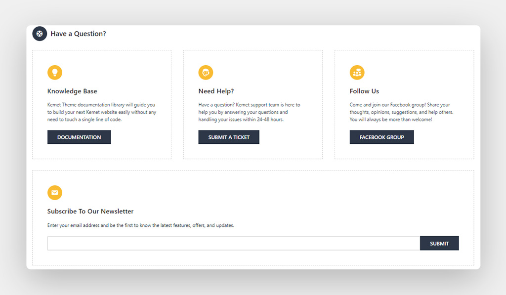 Kemet Full Site Editing Block Theme Dashboard Support Tab