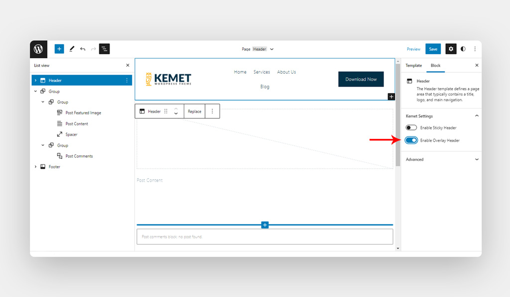 Red Arrow Pointing to Overlay Header Option in Kemet Block Theme
