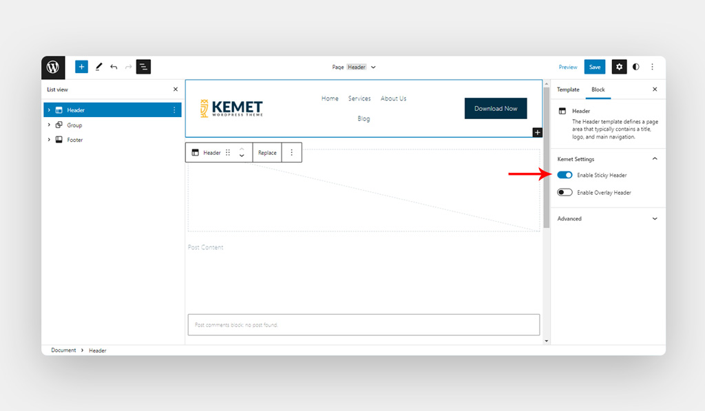 Red Arrow Pointing to Sticky Header Option in Kemet Full Site Editing Theme