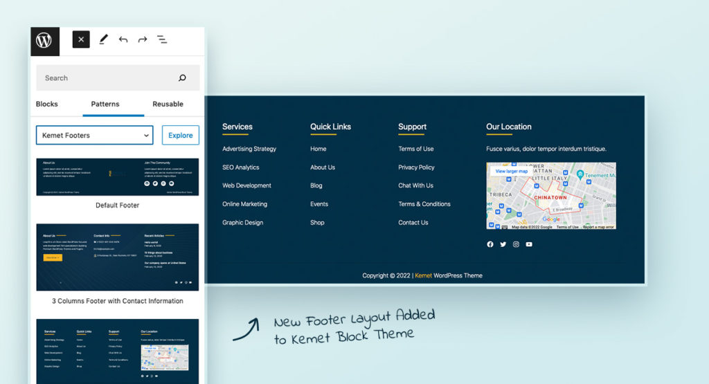 New Footer Layout Added to Kemet WordPress Block-Based Theme